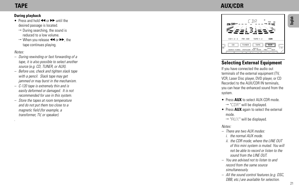 Tape aux/cdr, Selecting external equipment, English | Philips FW585C User Manual | Page 21 / 27