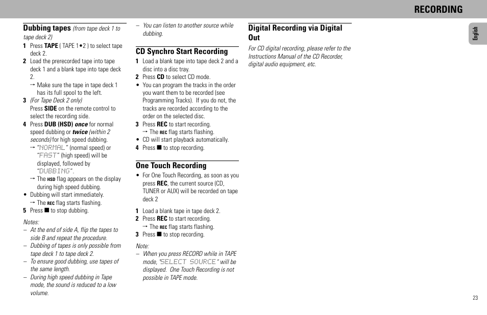 Recording, Dubbing tapes, Cd synchro start recording | One touch recording, Digital recording via digital out | Philips FW585C User Manual | Page 23 / 27