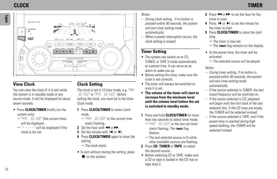 Clock timer, Timer setting, View clock | Clock setting | Philips FW585C User Manual | Page 24 / 27