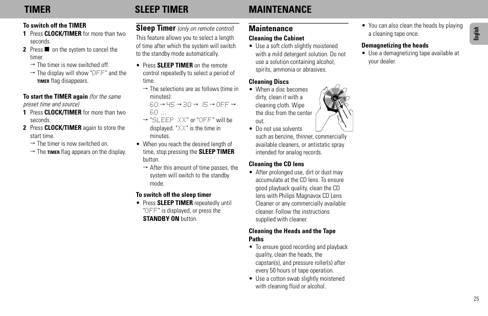 Timer sleep timer maintenance, Sleep timer, Maintenance | Philips FW585C User Manual | Page 25 / 27