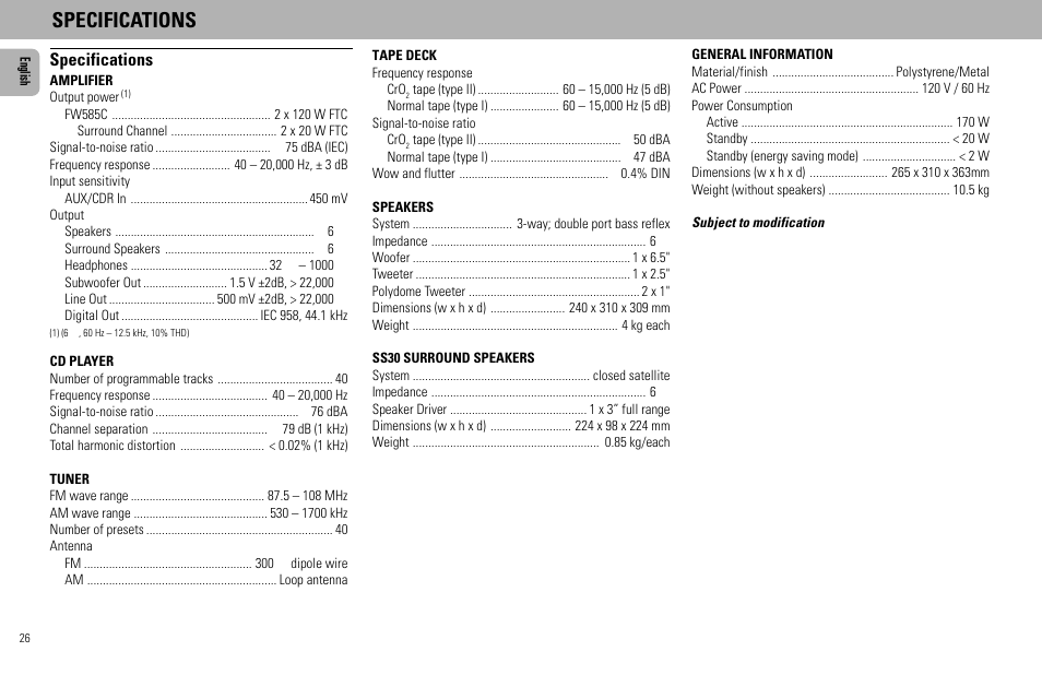 Specifications | Philips FW585C User Manual | Page 26 / 27