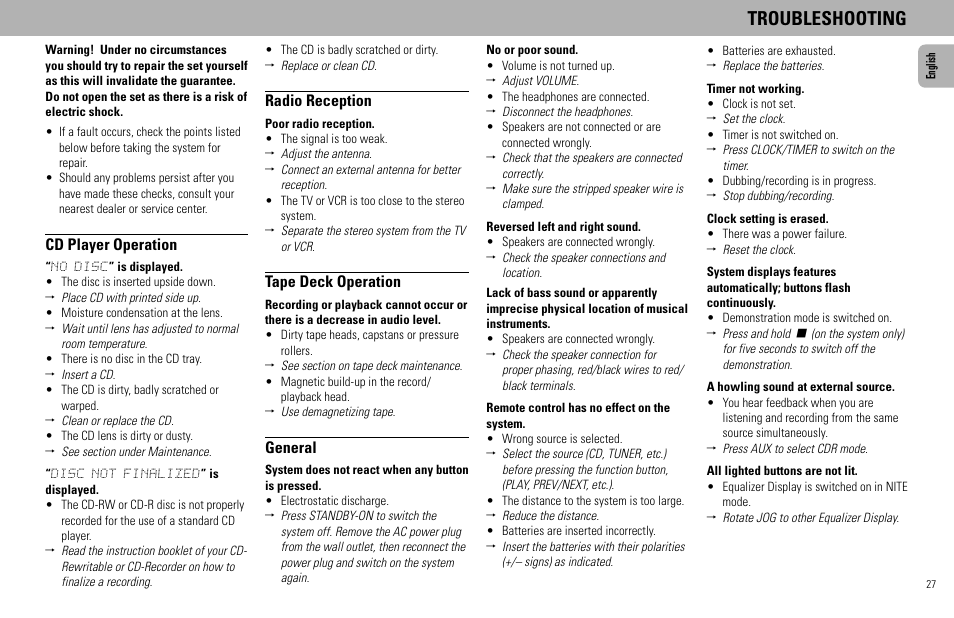 Troubleshooting, Cd player operation, Radio reception | Tape deck operation, General | Philips FW585C User Manual | Page 27 / 27