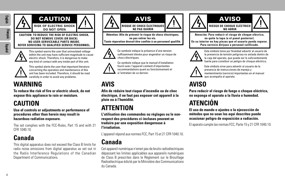 Warning, Canada, Attention | Atención, Caution, Avis, Aviso | Philips FW585C User Manual | Page 4 / 27