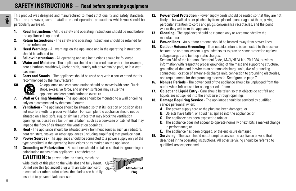 Safety instructions, Caution, Read before operating equipment | Philips FW585C User Manual | Page 6 / 27