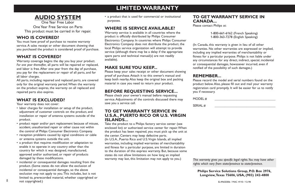 Limited warranty, Audio system | Philips FW585C User Manual | Page 8 / 27