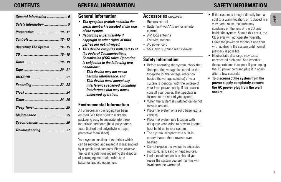 Contents general information safety information | Philips FW585C User Manual | Page 9 / 27