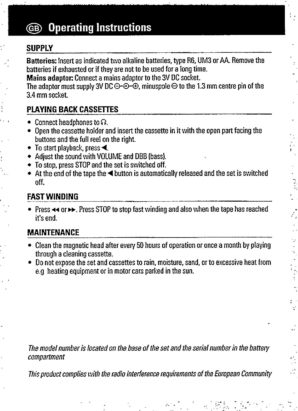 G|) operating instructions, Supply, Playing back cassettes | Fast winding, Maintenance, Operating instructions | Philips AQ6421/18 User Manual | Page 6 / 9