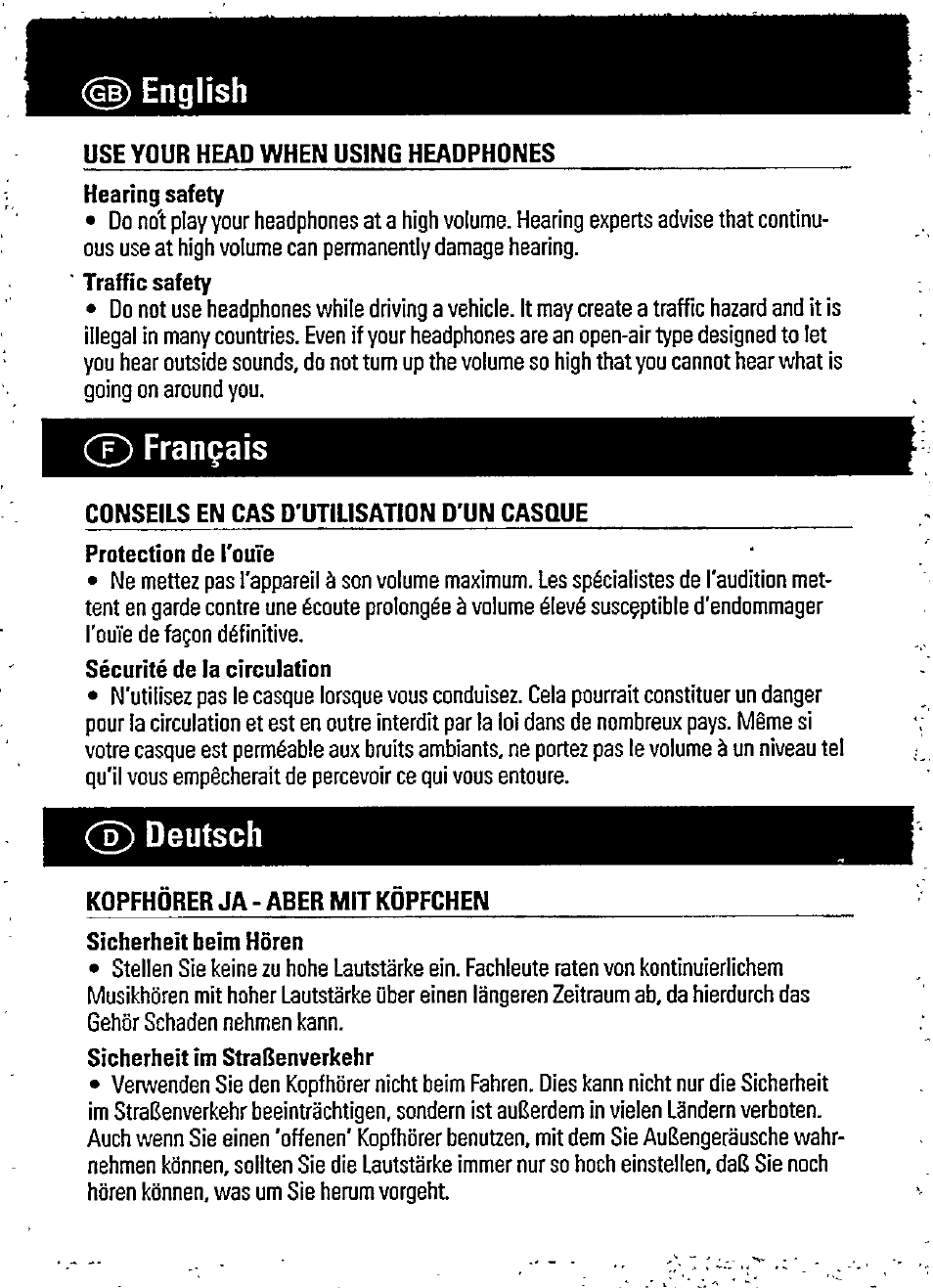 Use your head when using headphones, Cdnseils en cas d'utilisation d'un casque, Protection de l'ouïe | Kopfhdrer ja - aber mit kdpfchen, Sicherheit heim hören, English, T) français, Deutsch | Philips AQ6421/18 User Manual | Page 7 / 9