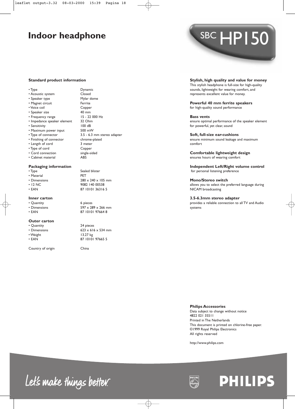 Hp150, Indoor headphone | Philips SBCHP150 User Manual | Page 2 / 2