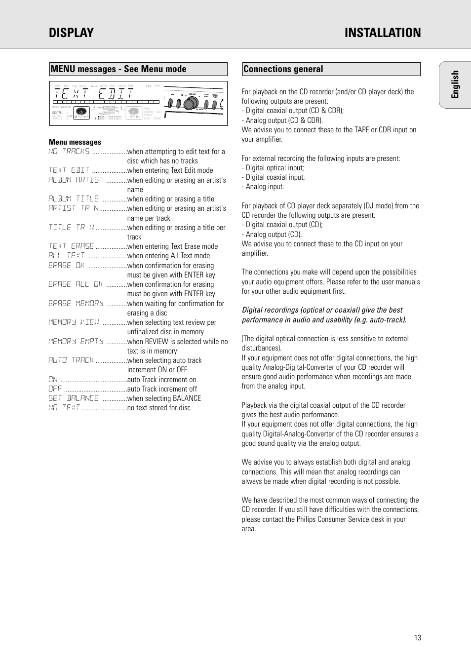 Display installation, English, Connections general | Menu messages - see menu mode | Philips CDR775 S User Manual | Page 13 / 35