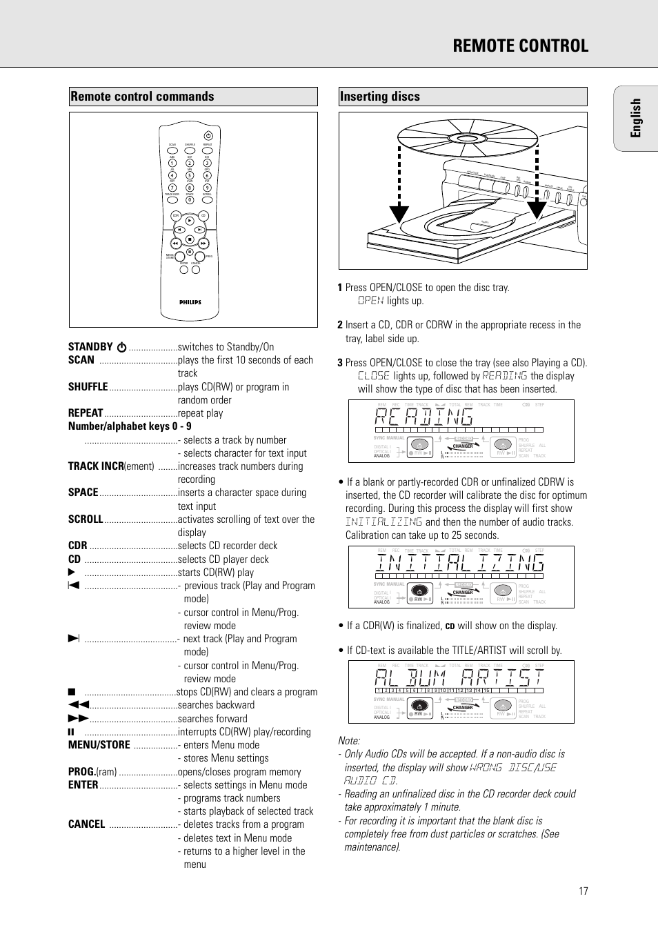 Remote control, English, Inserting discs | Remote control commands | Philips CDR775 S User Manual | Page 17 / 35