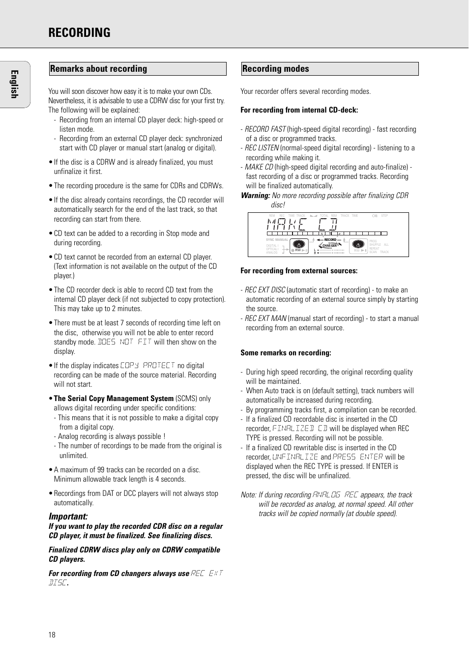 Recording, English, Important | Recording modes remarks about recording | Philips CDR775 S User Manual | Page 18 / 35