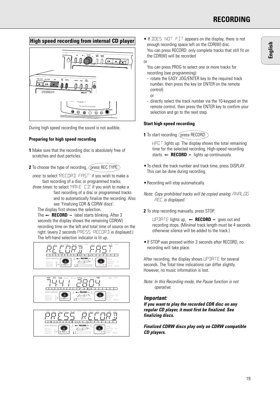 Recording, English, Important | High speed recording from internal cd player | Philips CDR775 S User Manual | Page 19 / 35