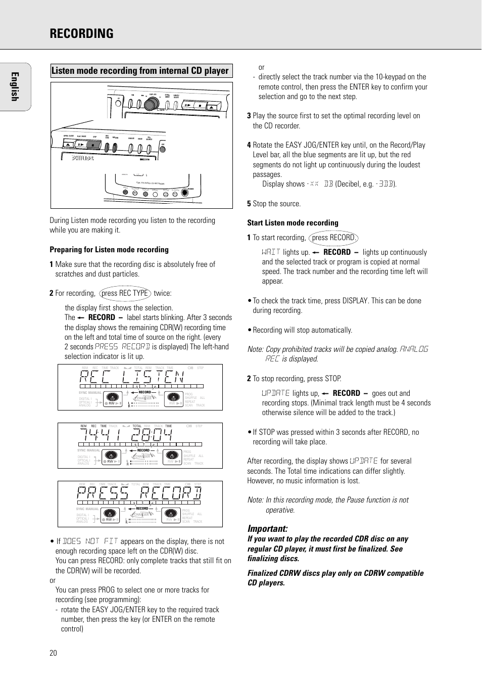 Recording, English, Important | Listen mode recording from internal cd player | Philips CDR775 S User Manual | Page 20 / 35