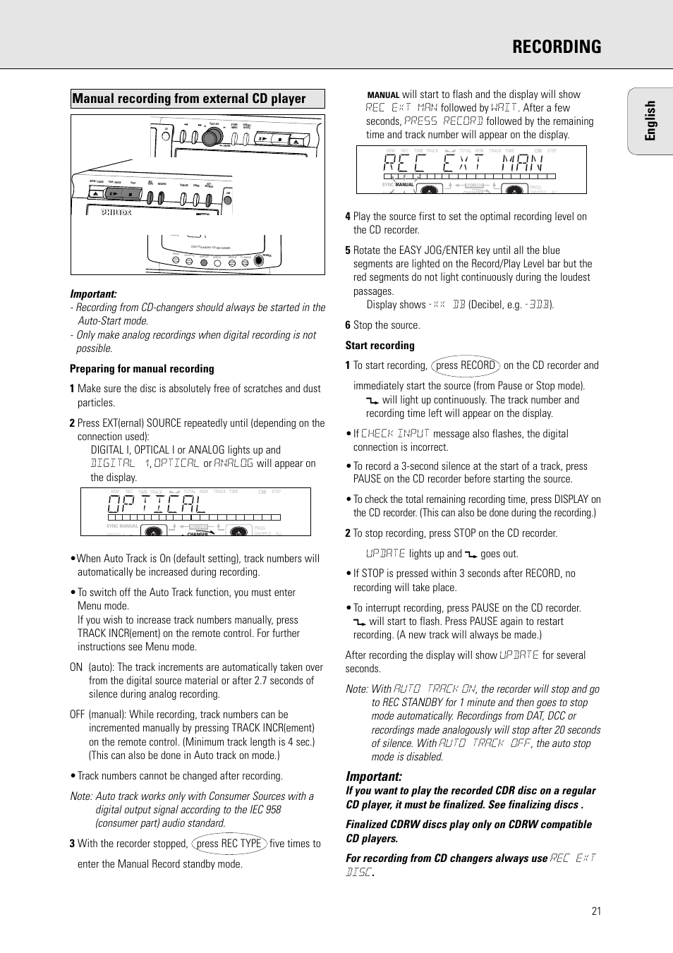 Recording, English, Important | Manual recording from external cd player | Philips CDR775 S User Manual | Page 21 / 35