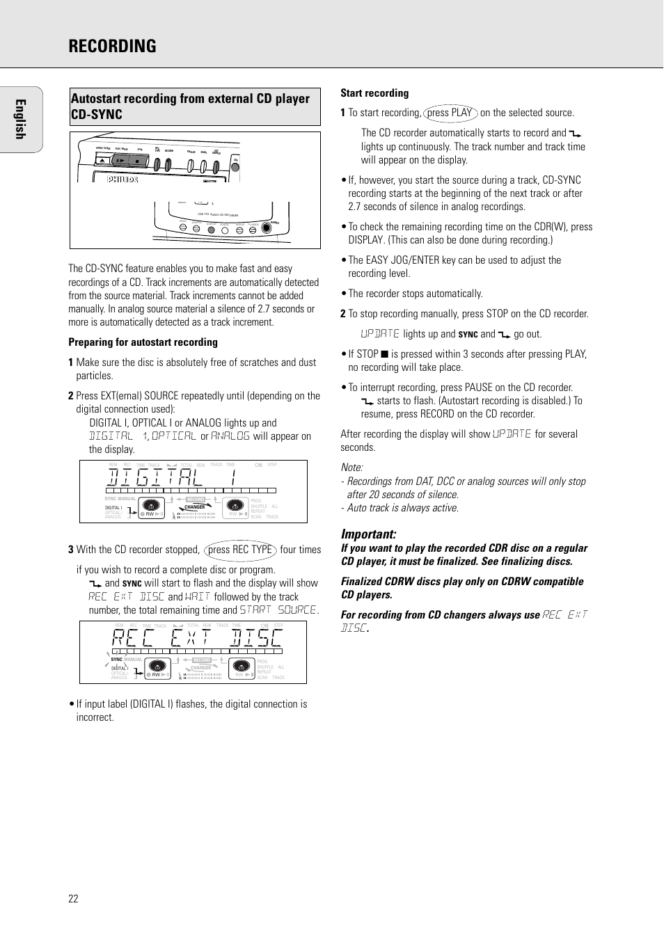 Recording, English, Important | Philips CDR775 S User Manual | Page 22 / 35
