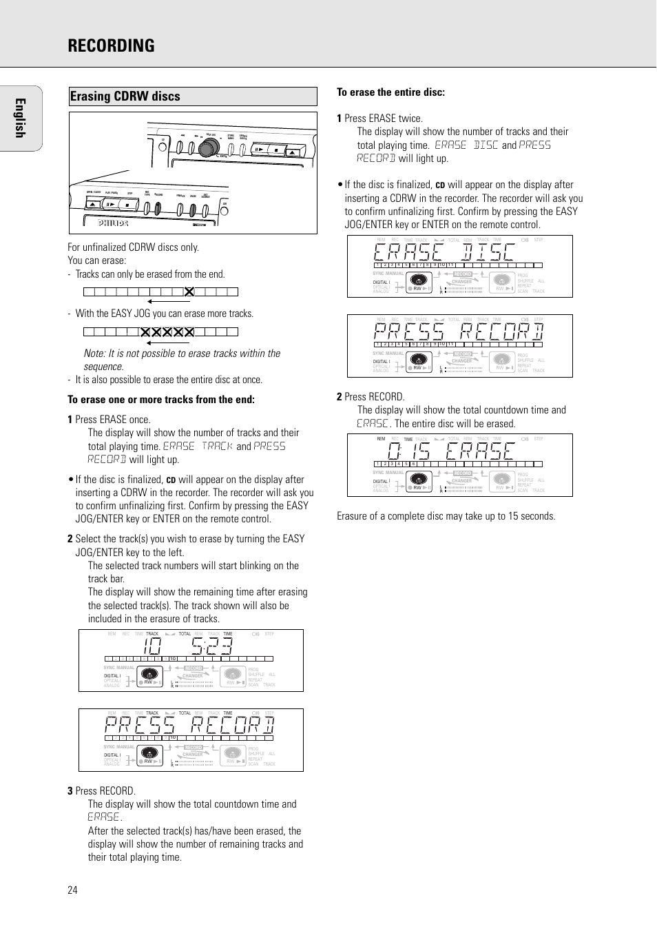 Recording, English, Erasing cdrw discs | Philips CDR775 S User Manual | Page 24 / 35