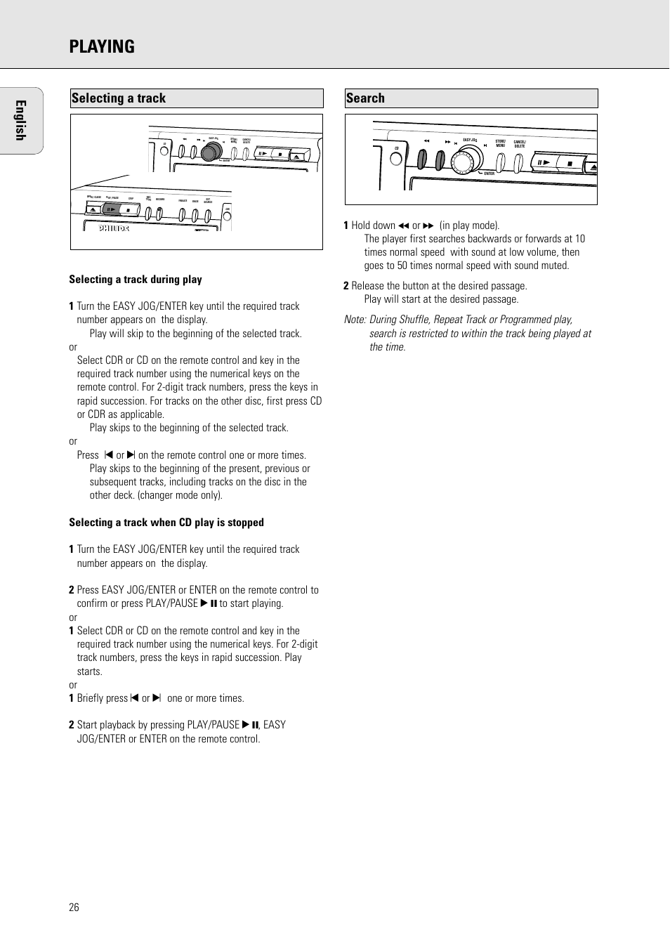 Playing, English, Search | Selecting a track | Philips CDR775 S User Manual | Page 26 / 35