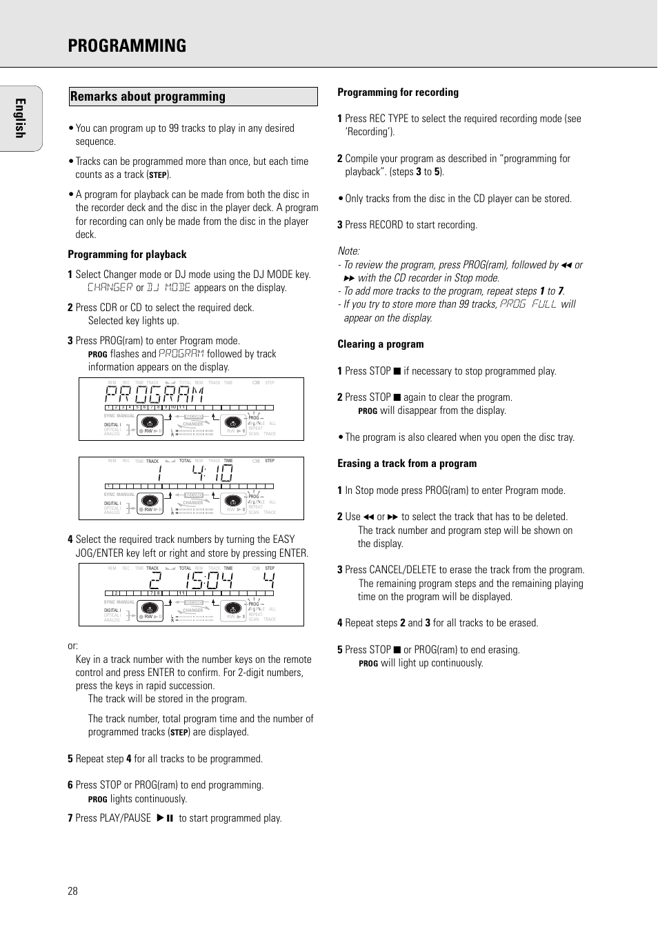 Programming, Remarks about programming, English | Will light up continuously | Philips CDR775 S User Manual | Page 28 / 35