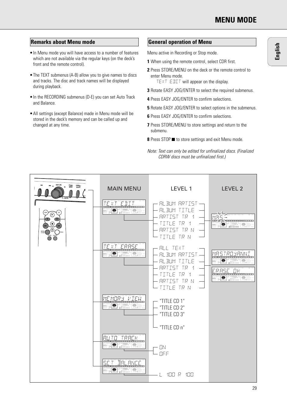 Menu mode, General operation of menu remarks about menu mode, English | Ab c d e | Philips CDR775 S User Manual | Page 29 / 35