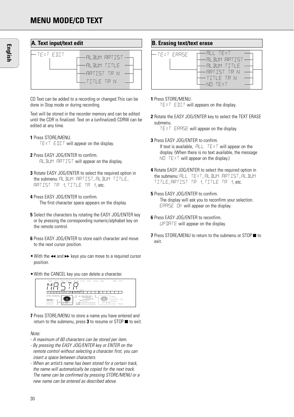 Menu mode/cd text, B. erasing text/text erase, A. text input/text edit | English | Philips CDR775 S User Manual | Page 30 / 35