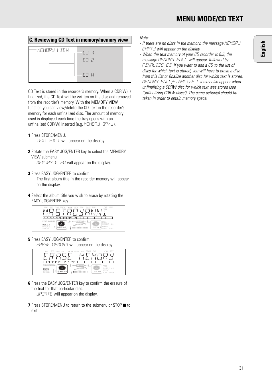Menu mode/cd text, English | Philips CDR775 S User Manual | Page 31 / 35