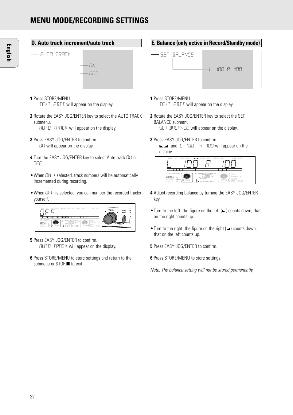 Menu mode/recording settings, E. balance (only active in record/standby mode), D. auto track increment/auto track | English, Auto track on off | Philips CDR775 S User Manual | Page 32 / 35