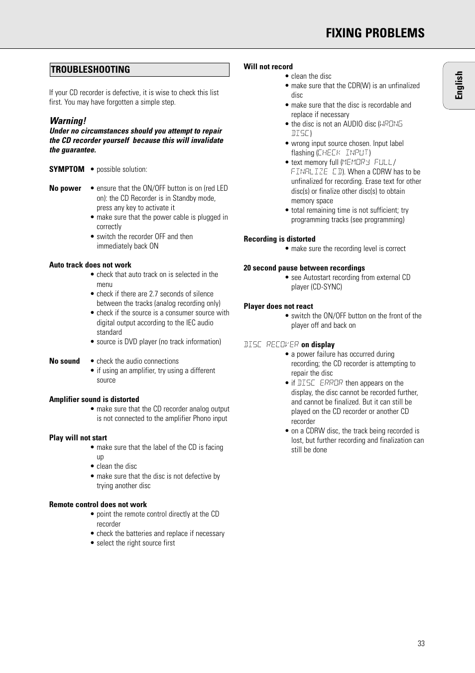 Fixing problems | Philips CDR775 S User Manual | Page 33 / 35