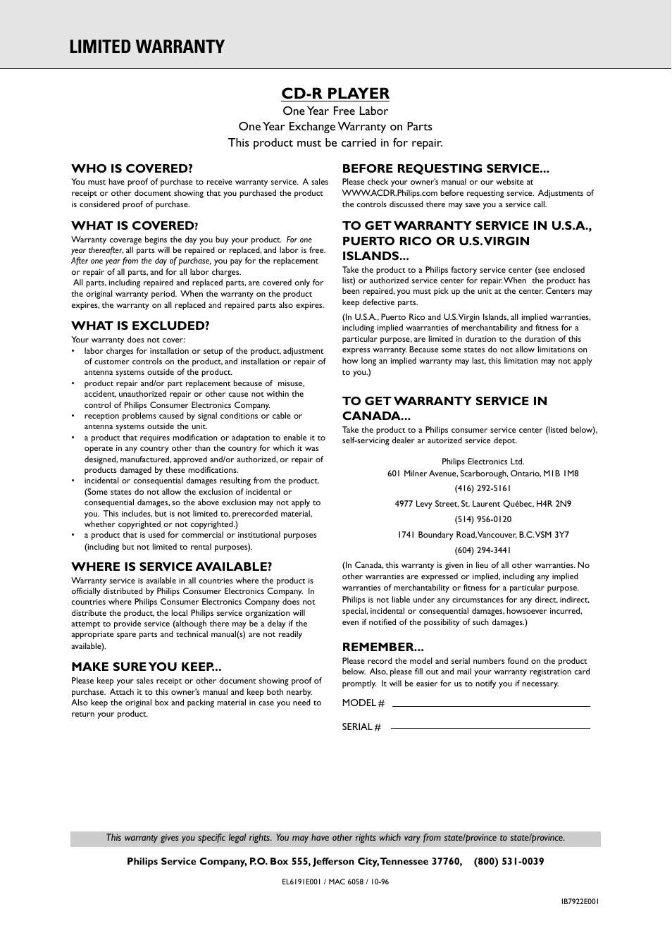 Limited warranty, Cd-r player | Philips CDR775 S User Manual | Page 4 / 35