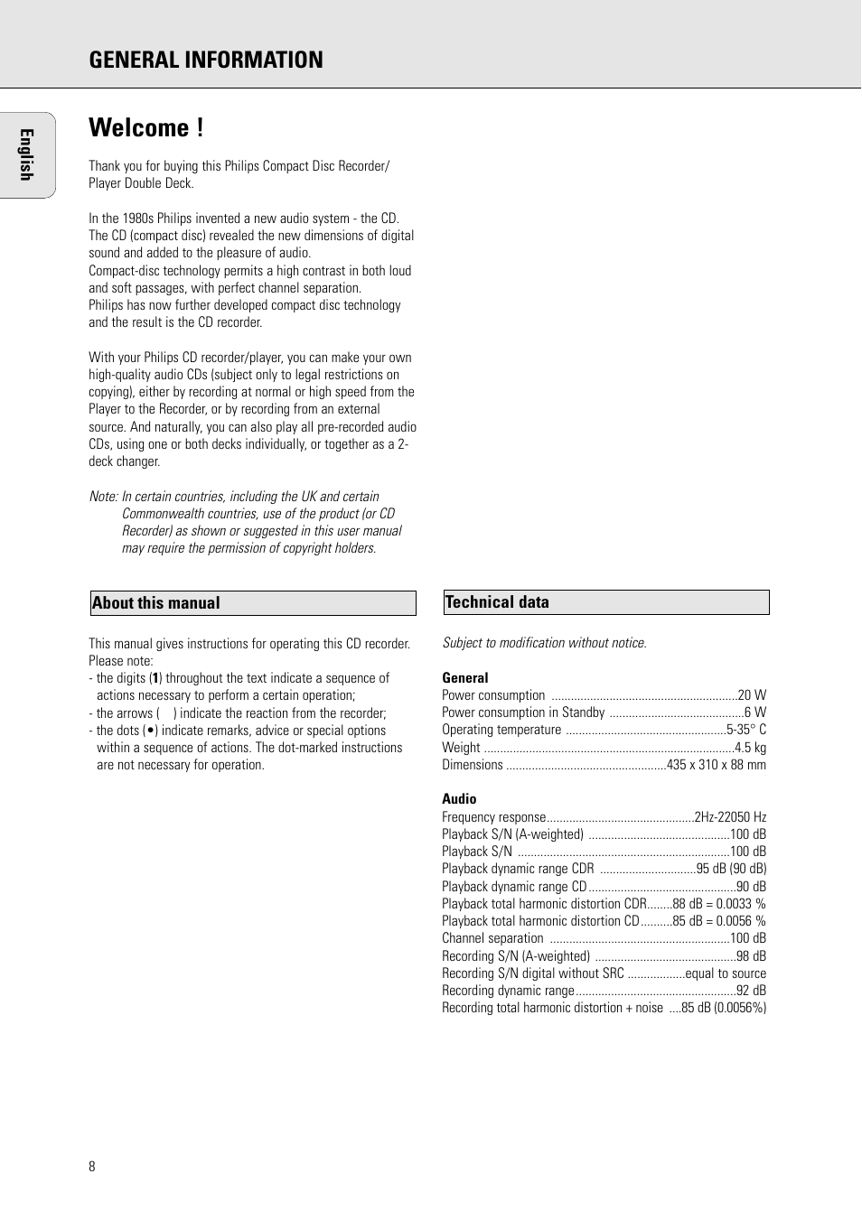 Welcome, General information | Philips CDR775 S User Manual | Page 8 / 35