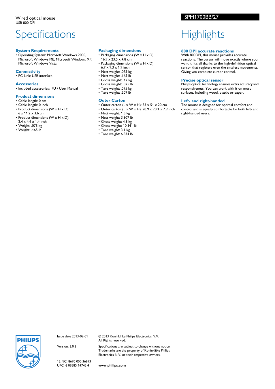 Specifications, Highlights | Philips SPM1700BB User Manual | Page 2 / 2