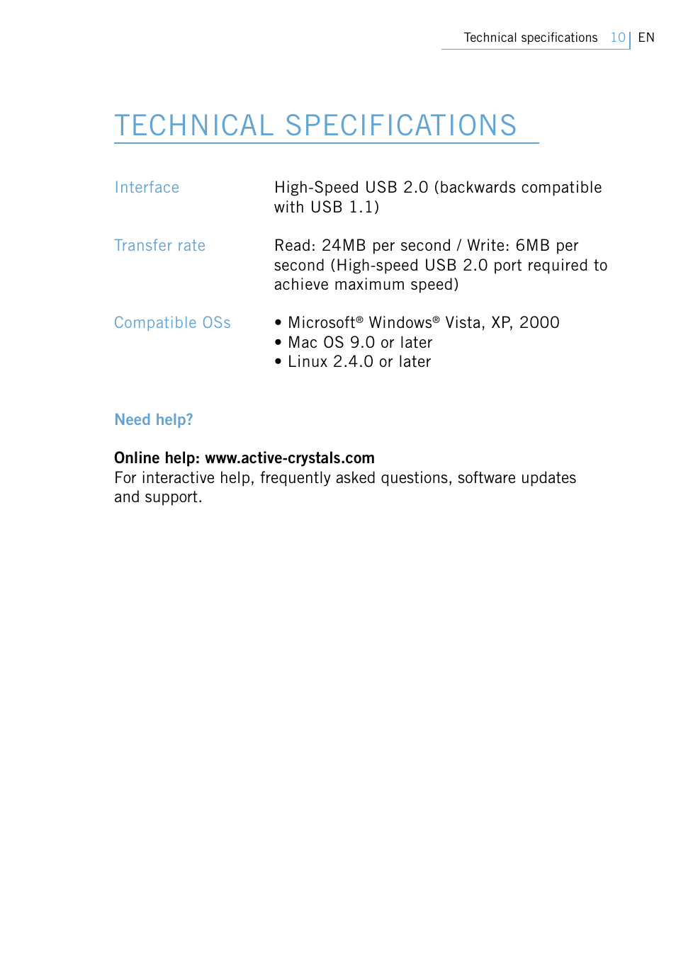 Technical specifications | Philips Active Crystals USB Memory Key Naughty Raymond FM02SW00/FM02SW10 User Manual | Page 12 / 104