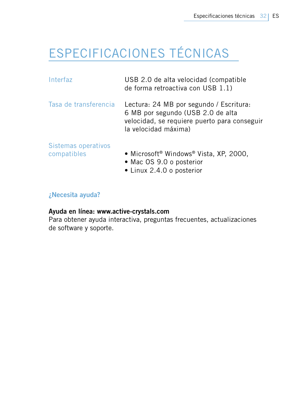 Especificaciones técnicas | Philips Active Crystals USB Memory Key Naughty Raymond FM02SW00/FM02SW10 User Manual | Page 34 / 104