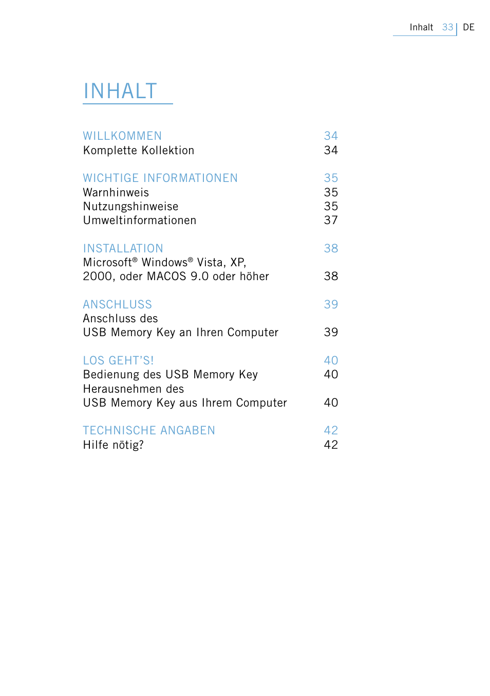 Bedienungsanleitung, Inhalt | Philips Active Crystals USB Memory Key Naughty Raymond FM02SW00/FM02SW10 User Manual | Page 35 / 104