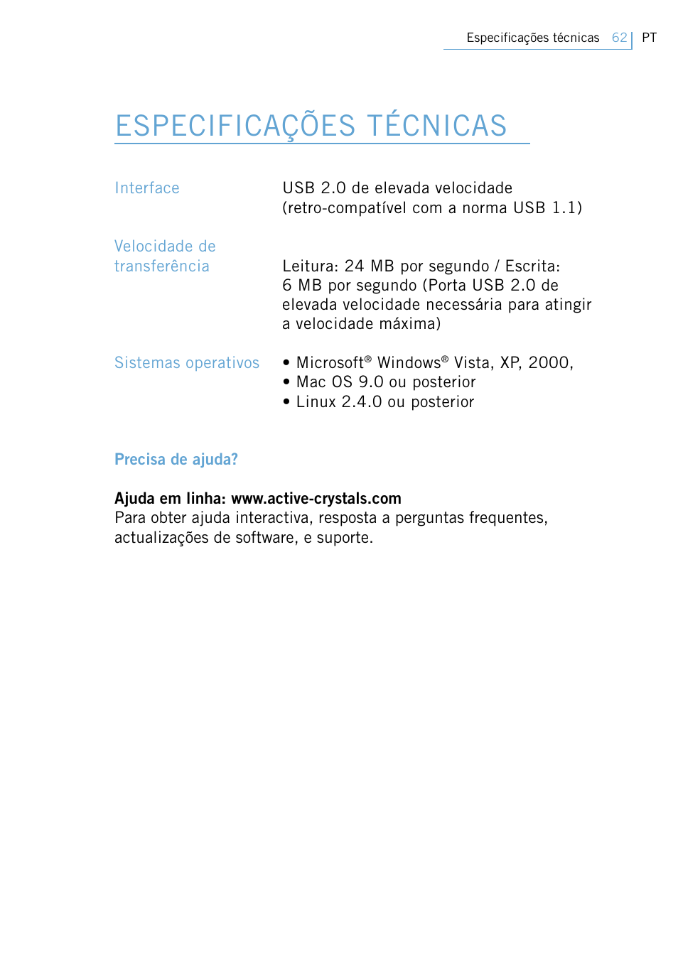 Especificações técnicas | Philips Active Crystals USB Memory Key Naughty Raymond FM02SW00/FM02SW10 User Manual | Page 64 / 104