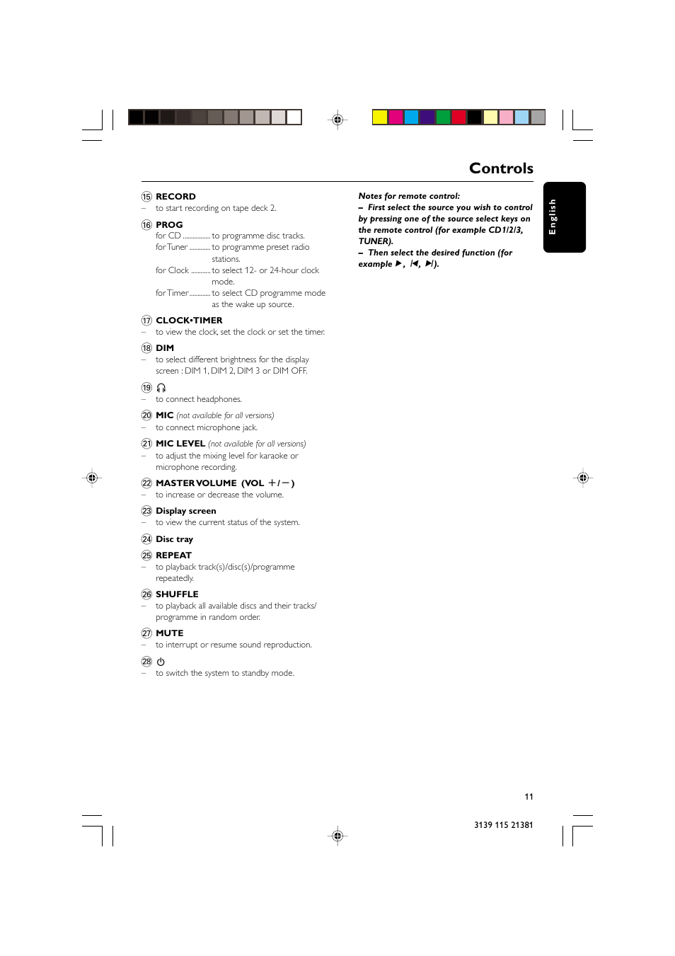 Controls | Philips FW-C355 User Manual | Page 11 / 29