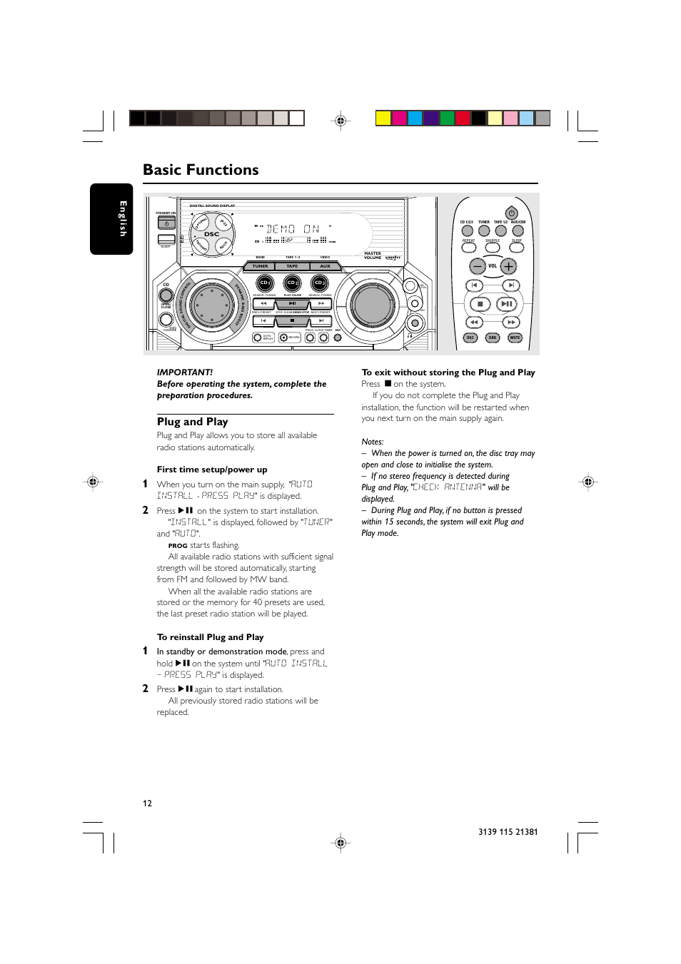 Basic functions, Plug and play | Philips FW-C355 User Manual | Page 12 / 29