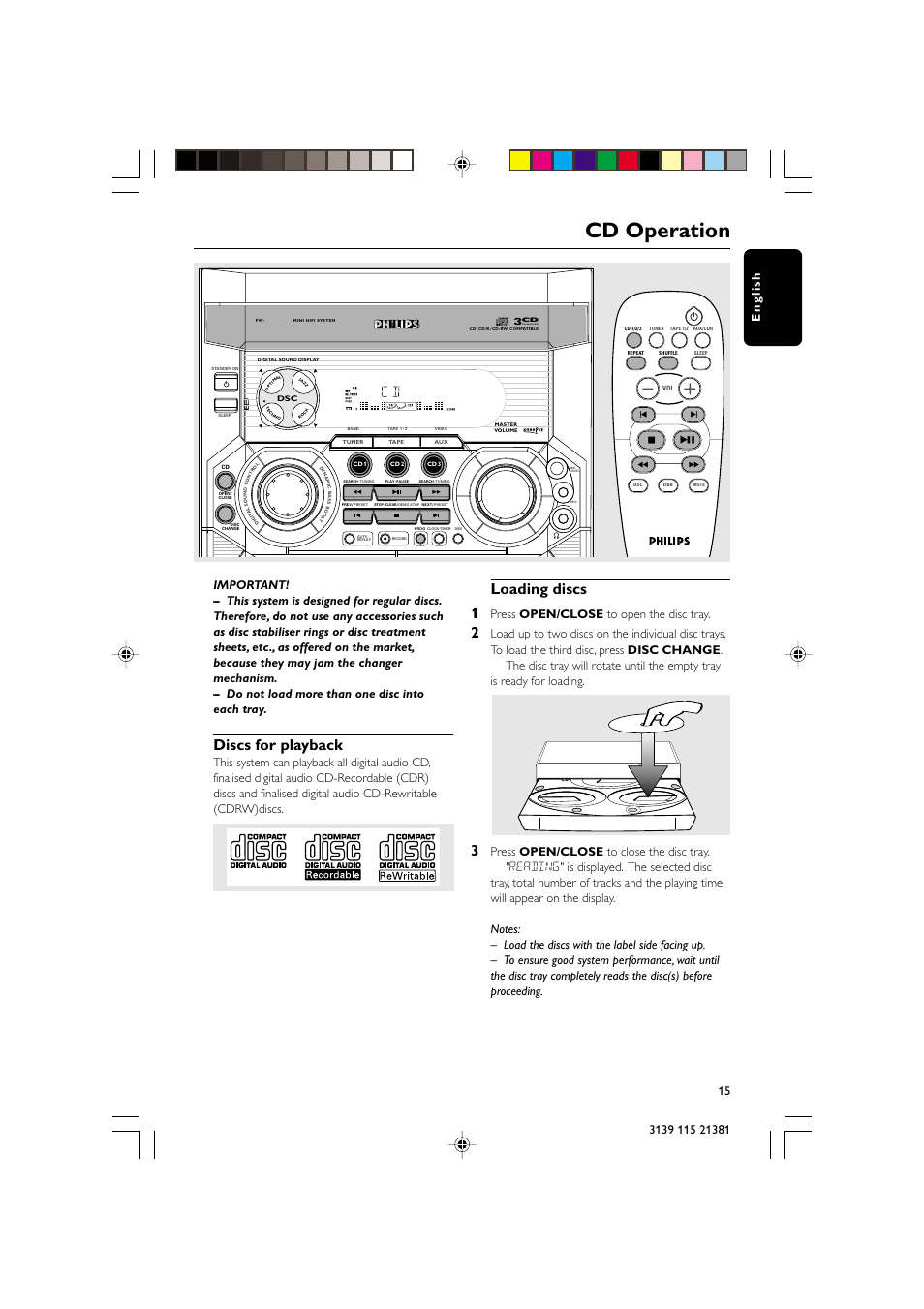 Cd operation, Discs for playback, Loading discs 1 | Open•close, Press open/close to open the disc tray | Philips FW-C355 User Manual | Page 15 / 29