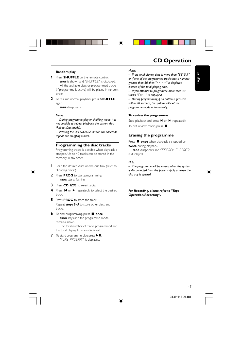 Cd operation, Programming the disc tracks, Erasing the programme | Philips FW-C355 User Manual | Page 17 / 29