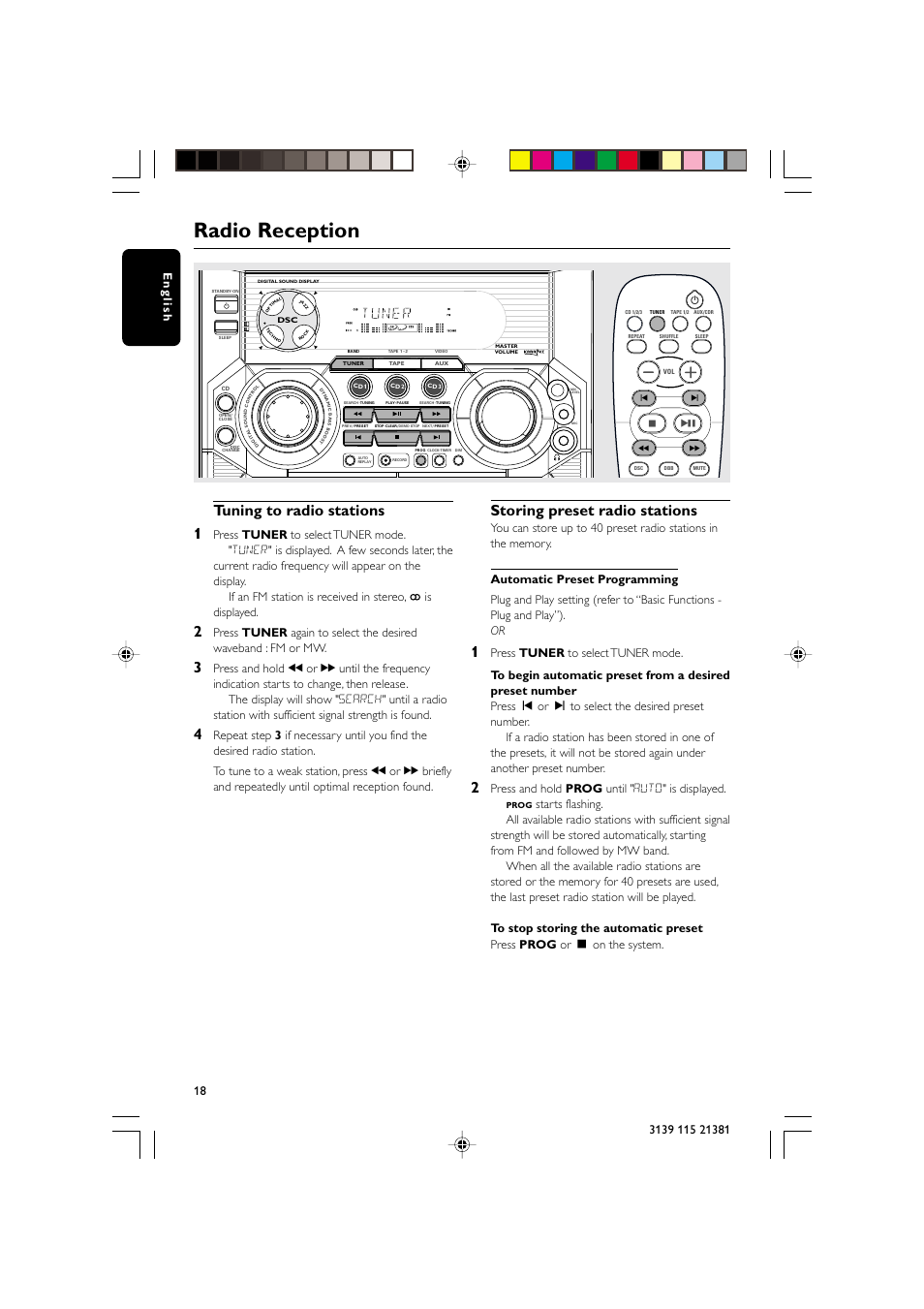 Radio reception, Tuning to radio stations 1, Storing preset radio stations | Press and hold prog until " auto" is displayed | Philips FW-C355 User Manual | Page 18 / 29