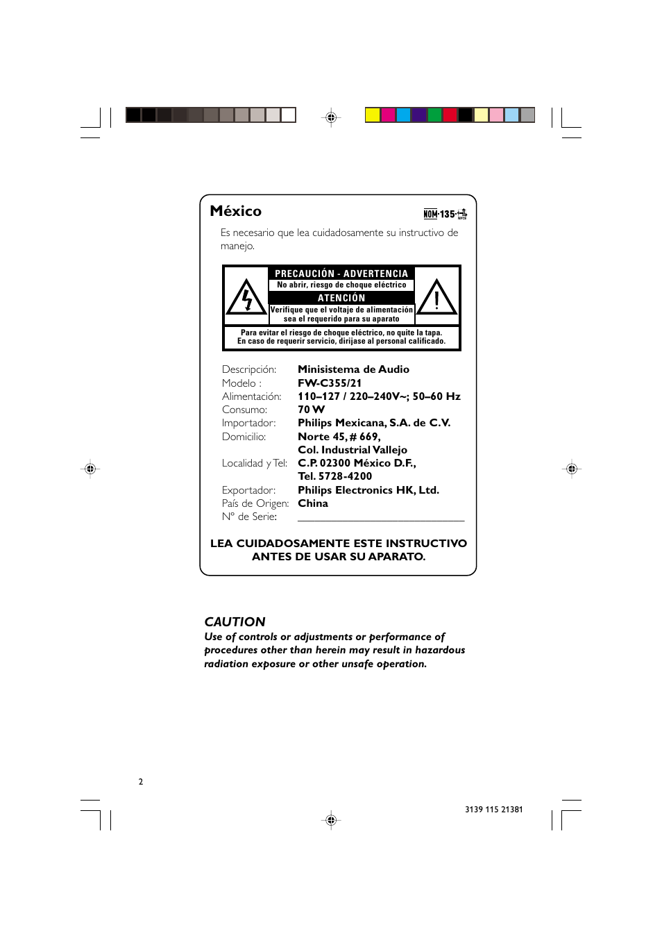 México, Caution | Philips FW-C355 User Manual | Page 2 / 29