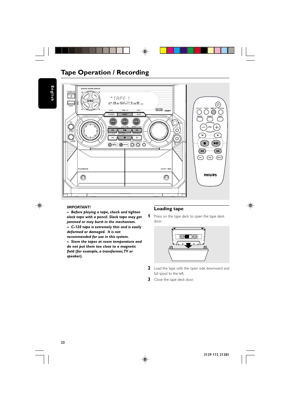 Tape operation / recording, Loading tape 1, Press on the tape deck to open the tape deck door | Close the tape deck door, Бл н | Philips FW-C355 User Manual | Page 20 / 29