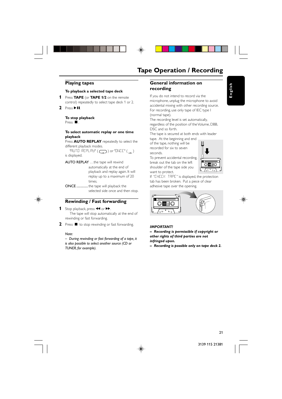 Tape operation / recording | Philips FW-C355 User Manual | Page 21 / 29