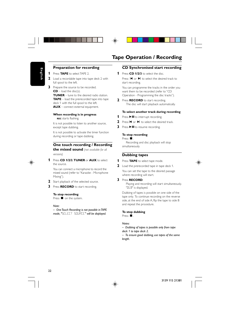 Tape operation / recording | Philips FW-C355 User Manual | Page 22 / 29