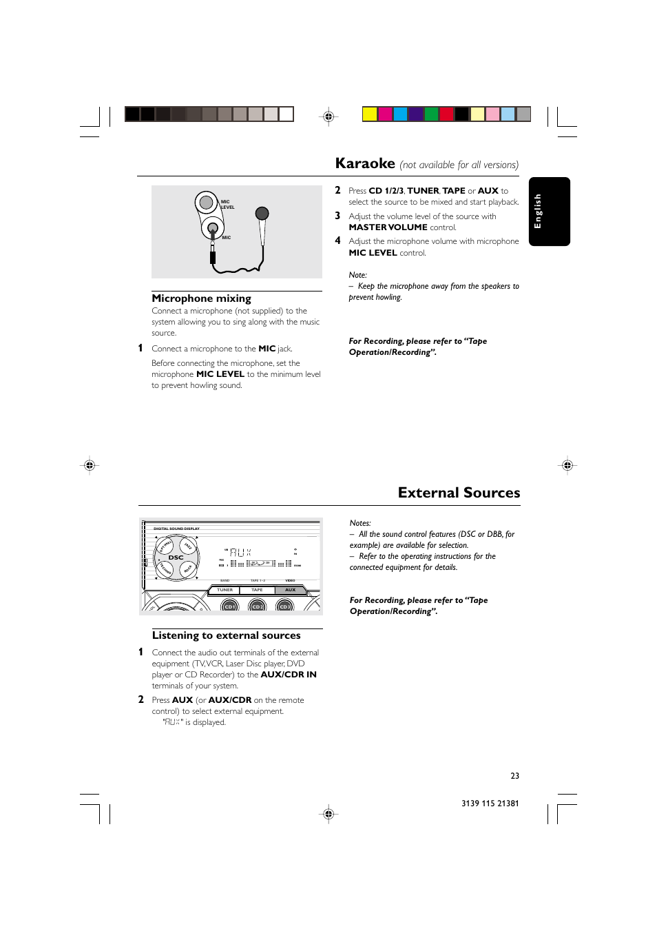 External sources, Karaoke, Listening to external sources 1 | Microphone mixing, Not available for all versions) | Philips FW-C355 User Manual | Page 23 / 29