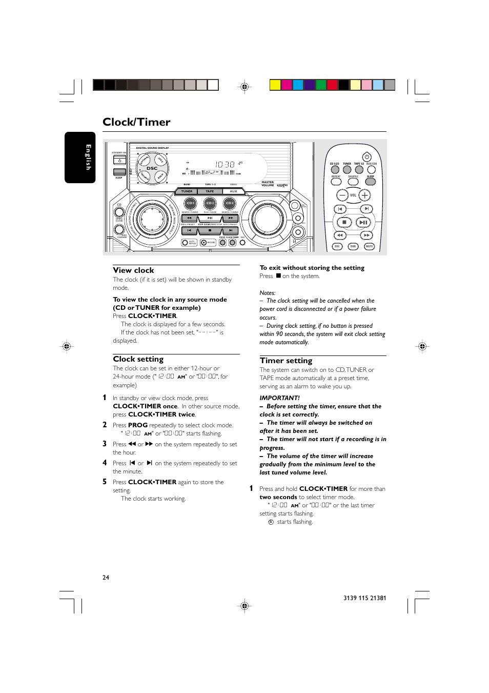 Clock/timer, View clock, Clock setting | Timer setting, Or " 00:00", for example), Or " 00:00" starts flashing | Philips FW-C355 User Manual | Page 24 / 29