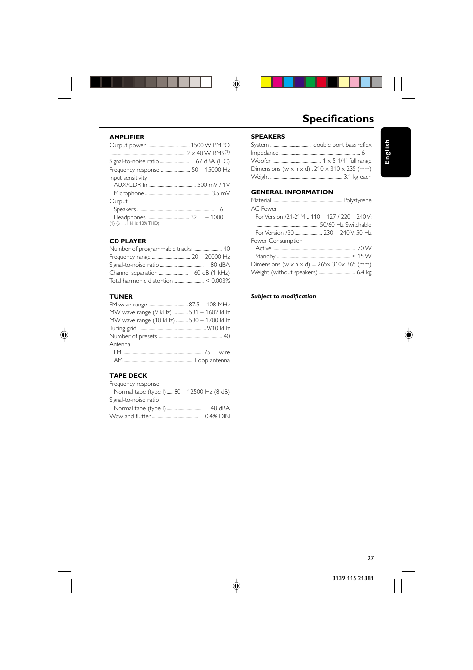 Specifications | Philips FW-C355 User Manual | Page 27 / 29