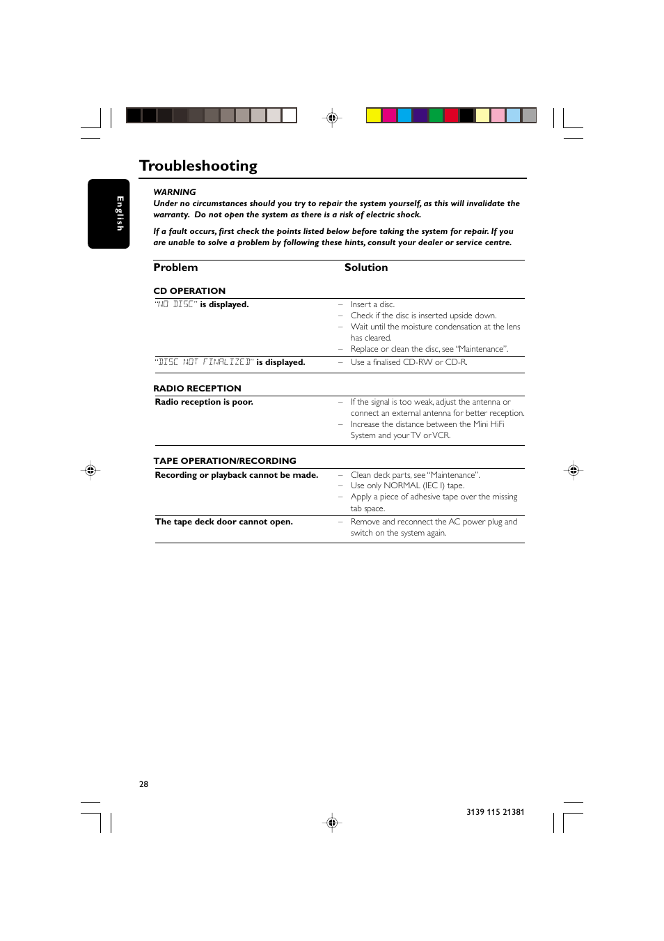 Troubleshooting, Problem solution | Philips FW-C355 User Manual | Page 28 / 29