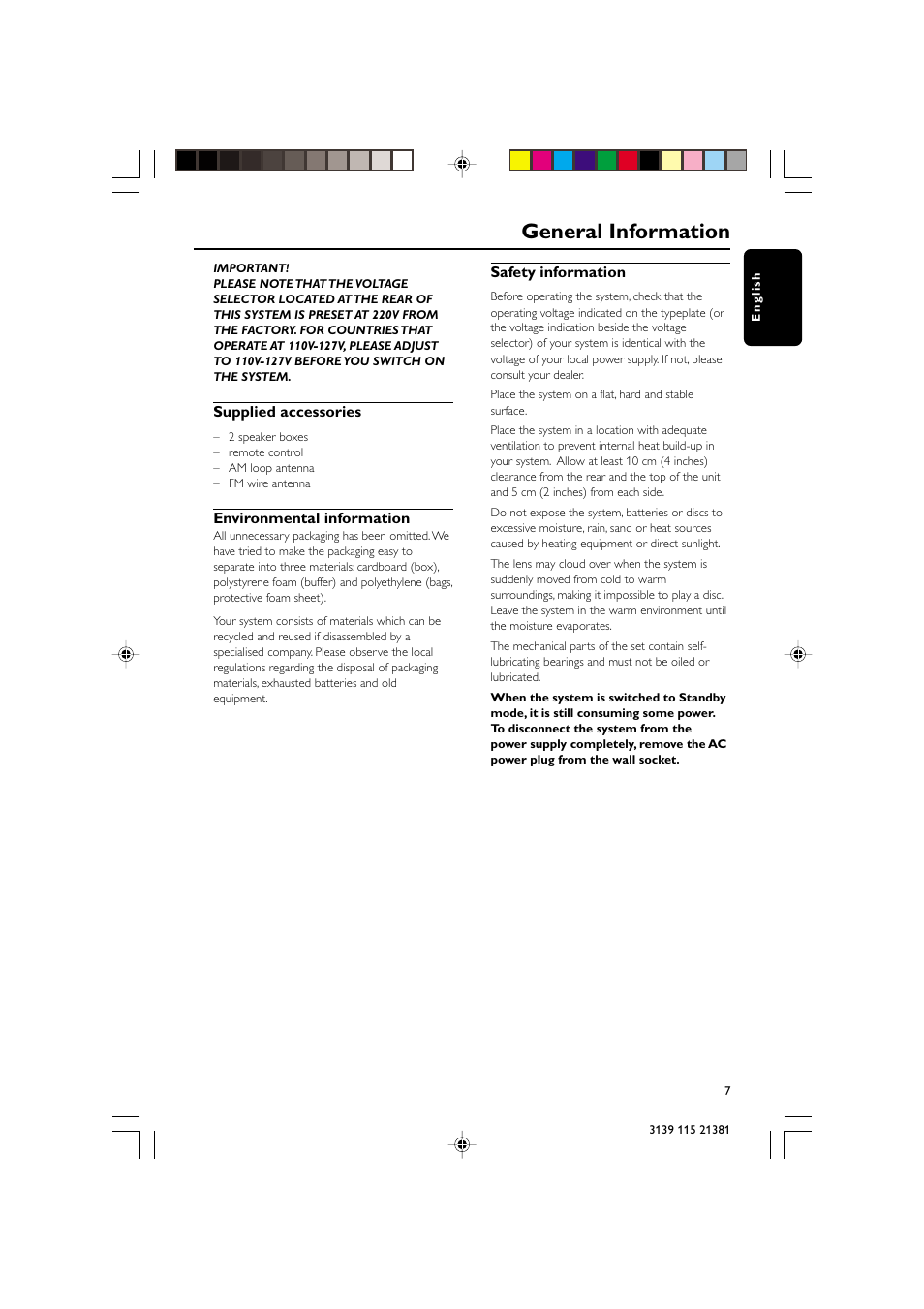 General information, Supplied accessories, Environmental information | Safety information | Philips FW-C355 User Manual | Page 7 / 29