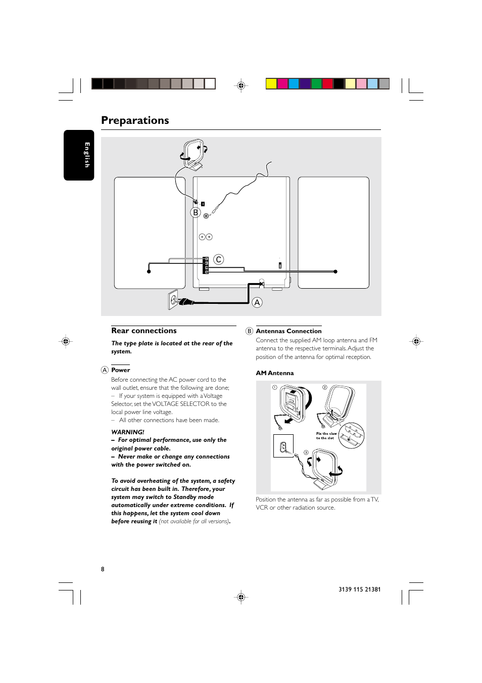 Preparations, Speaker (right) speaker (left), Rear connections | Fm wire antenna am loop antenna, Ac power cord | Philips FW-C355 User Manual | Page 8 / 29